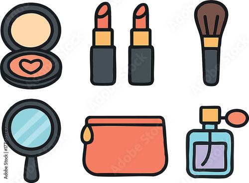 Makeup cosmetics set with lipstick compact powder brush mirror and perfume vector illustration for beauty and fashion design