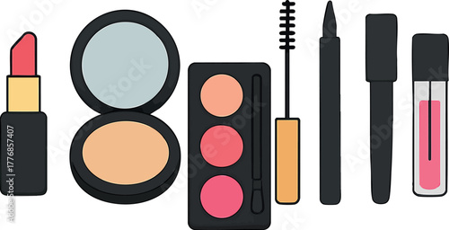 Makeup cosmetics collection with lipstick powder palette mascara eyeliner and lip gloss vector illustration