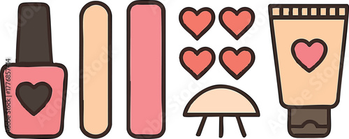 Nail polish and manicure set with hearts and cream tube vector for beauty care and self pampering essentials