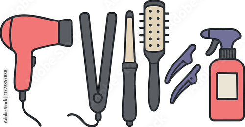 Hair care tools with hairdryer flat design including straightener comb clips and spray bottle vector illustration