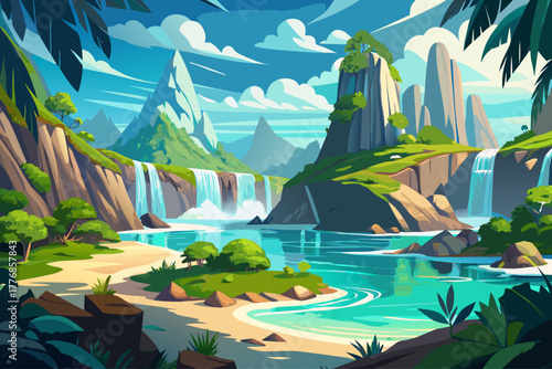 A fantasy island landscape with towering cliffs and towering waterfalls, turquoise water, pristine empty sandy beaches, idyllic tropical paradise bays, and tranquil summer nature scenery.