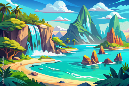 A fantasy island landscape with towering cliffs and towering waterfalls, turquoise water, pristine empty sandy beaches, idyllic tropical paradise bays, and tranquil summer nature scenery.