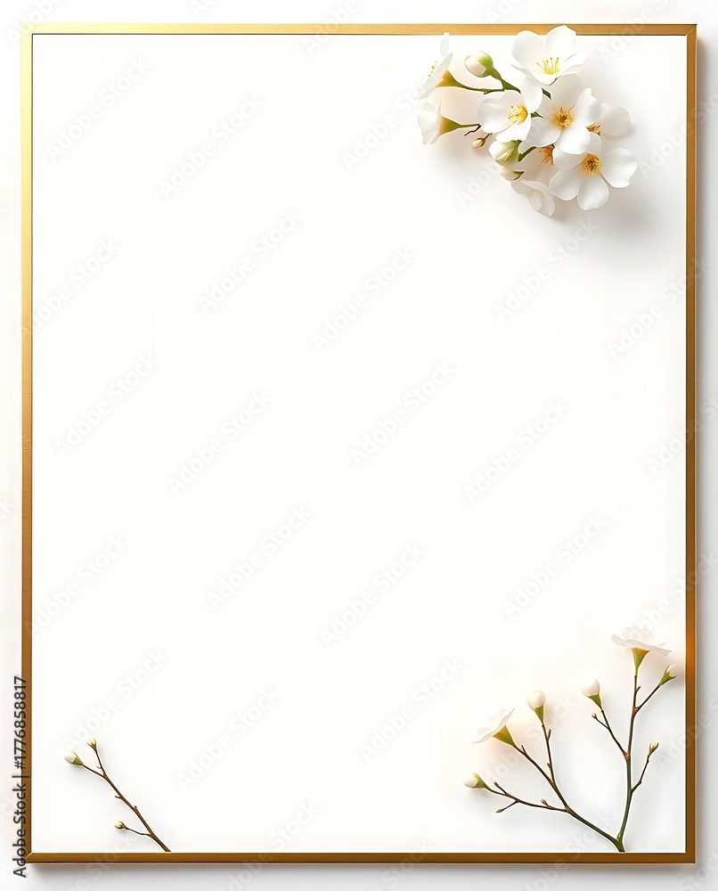 Obraz premium Vertical elegant template with a solid golden border framing a white background. Decorated with delicate white flowers and small branches in the top and bottom corners.