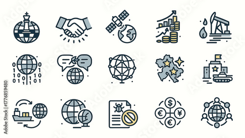 Geopolitical and Global Economy Icons – International Relations and World Politics Vector Set