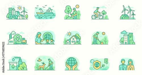 Sustainability and Green Living Icons – Eco Lifestyle and Renewable Energy Vector Set
