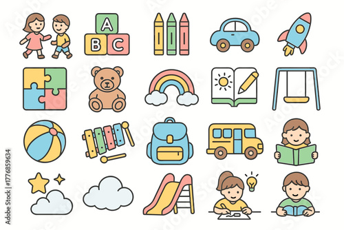 Kindergarten and Childhood Icons – Linear Colored Set for Learning and Play