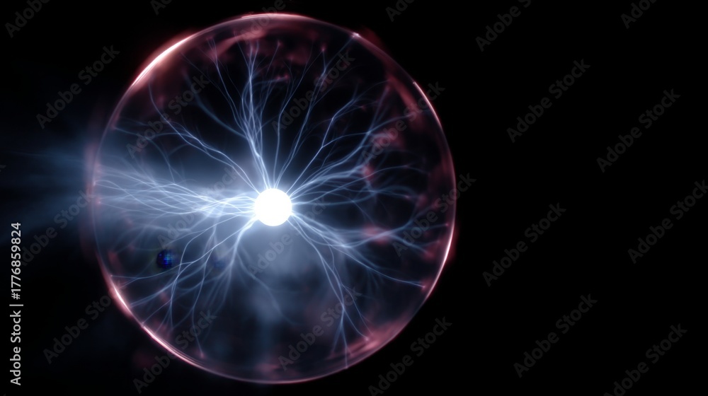 Obraz premium A stunning visual of a plasma globe showcasing electric arcs. This image features vibrant colors and intricate patterns. Perfect for science concepts and educational materials. AI