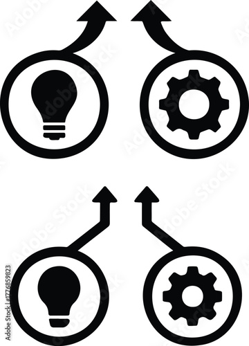 Black and white vector icons showing light bulb and gear with arrows, symbolizing creativity, innovation, problem-solving, and workflow processes.