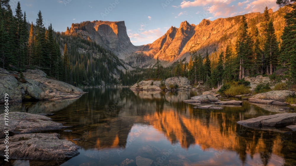 Fototapeta premium Warm sunlight illuminates the mountain landscape reflecting on the calm waters of the lake.