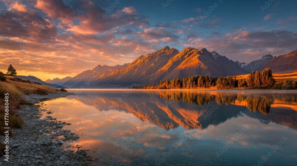 Fototapeta premium Golden sunlight bathes the mountains and lake as clouds dance in the twilight sky.