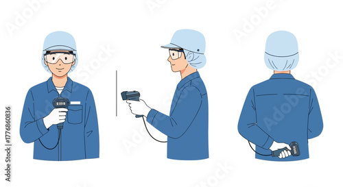 Illustration of a worker scanning with a barcode reader in a factory environment