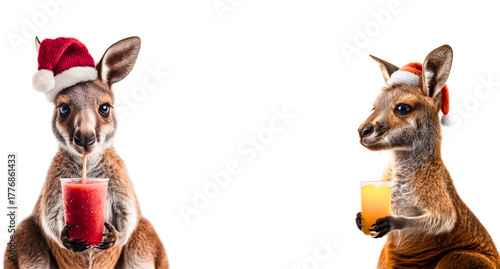 2 cute kangaroos wearing santa claus hat and drinking colorful cocktails; realistic australian christmas animal characters isolated over white (transparent)