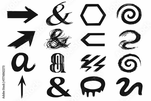Abstract typographic symbols in black and white grid layout