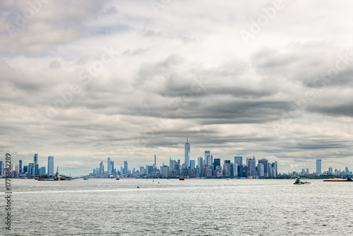 Photos Wide panoramic view of the New York City skyline with skyscrapers surrounding Battery Park in Lower Manhattan