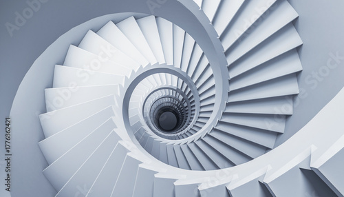 A mesmerizing spiral staircase with clean white lines twisting downward, creating an abstract, geometric perspective that captivates the viewer.
