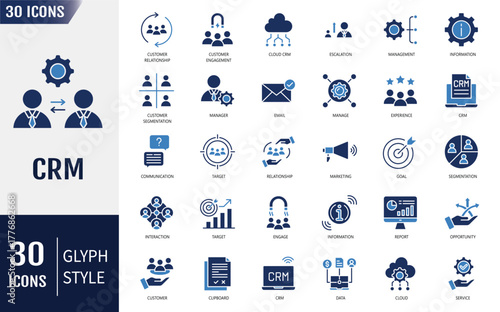 Customer relationship management CRM solid icon set. Containing icons: marketing, data, report, strategy, manager, audience and more. Vector illustration