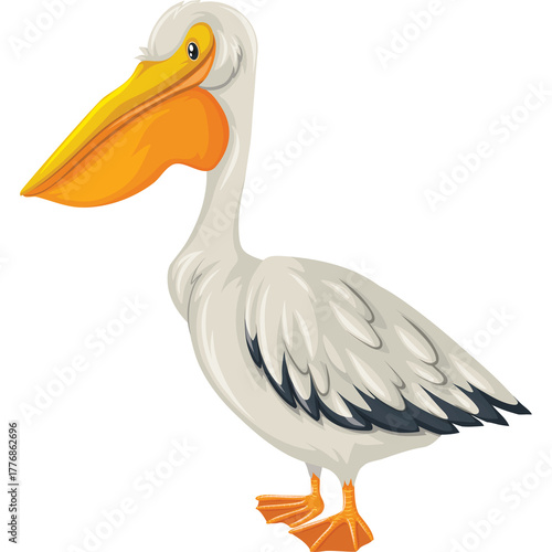 Behang Illustration Of A White Pelican Bird With Orange Beak Standing On Orange Feet Wi