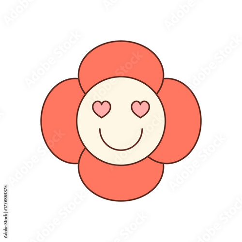 Groovy y2k cartoon flower with pink heart face and happy smile. Cute retro groovy element as a playful symbol. Pink and cheerful style evokes a positive, fun mood in classic vintage pop aesthetic.