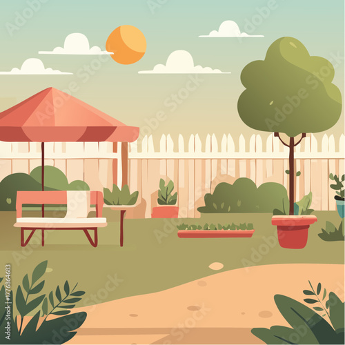 Backyard garden concept in a suburban rural neighborhood, real estate concept