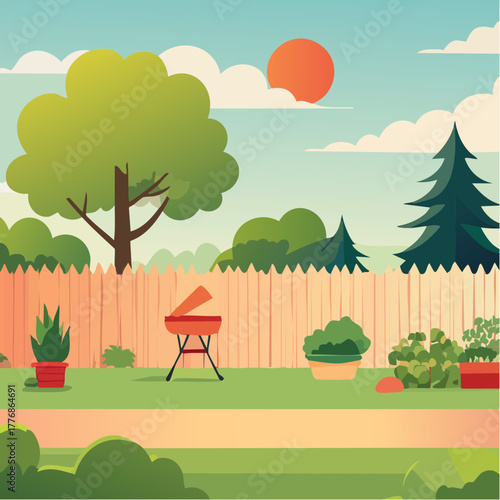 Backyard garden concept in a suburban rural neighborhood, real estate concept