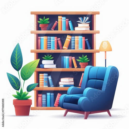 Wallpaper Mural Cozy reading nook with a blue chair, bookshelf, plants, and lamp in a bright, inviting space. Torontodigital.ca