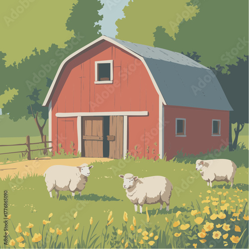 Farm and farming concept for agriculture with field of harvested crops and barn