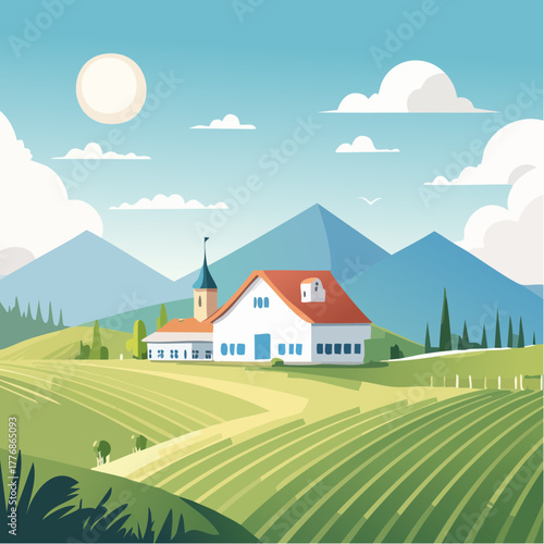 Farm and farming concept for agriculture with field of harvested crops and barn