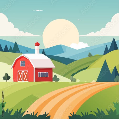 Farm and farming concept for agriculture with field of harvested crops and barn