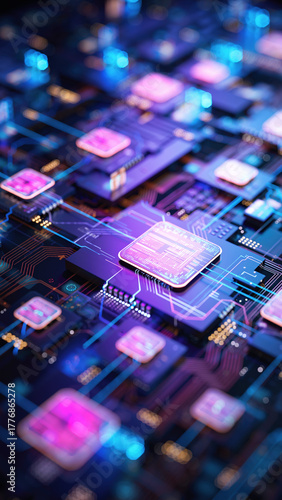 Abstract visual representation of digital marketing. Glowing cubes connected by network on circuit board. Data transfer, processing, analysis. Modern tech, cloud service, blockchain, database
