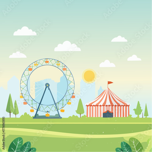 Amusement park with roller coaster and ferris wheel and carnival games