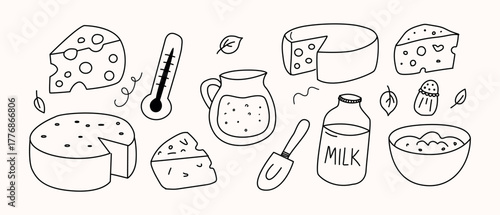 Hand drawn cheese making set . Dairy products line art illustration . Minimalist black and white cheese clipart