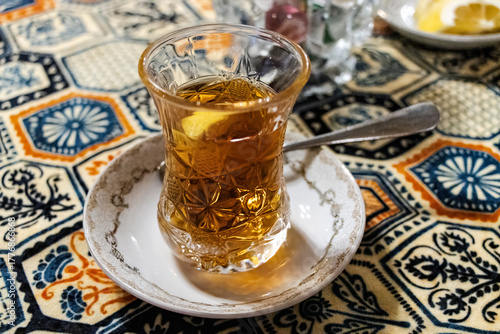 Baku, Azerbaijan. Azerbaijani black tea in armudu tea glass.