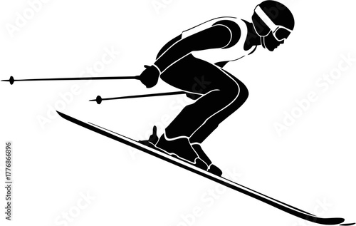 Silhouette of a Skier Gliding Downhill, Depicting Speed and Motion in Winter Sports