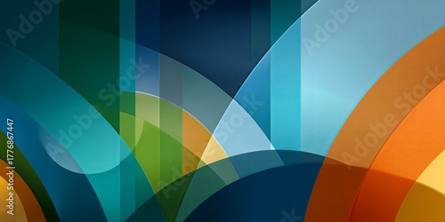 Abstract colorful waves and geometric shapes create a vibrant visual experience, blending hues of blue, green, orange, and yellow in a harmonious composition for artistic expression