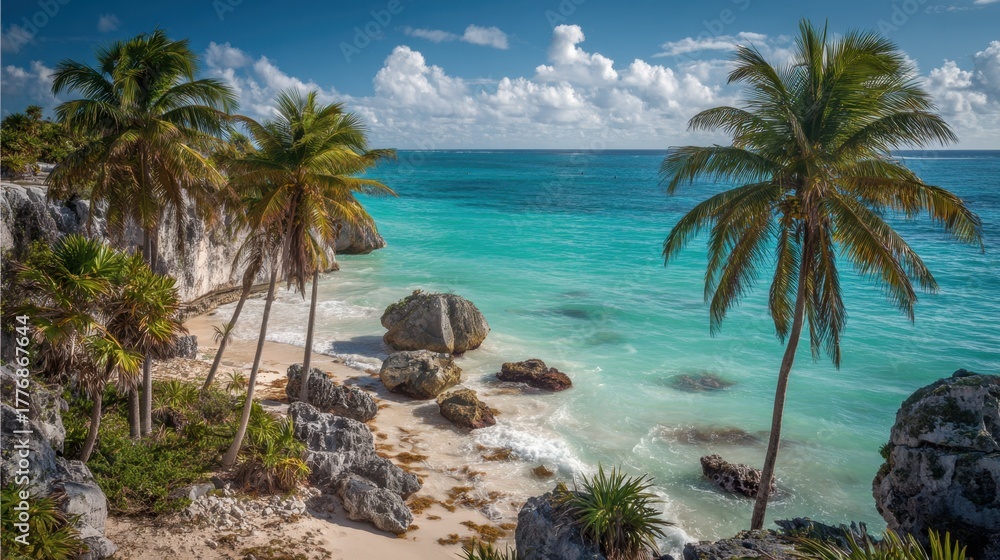 Brightly colored beach with palm trees swaying in the breeze sparkling turquoise waves crashing gently against rocks.