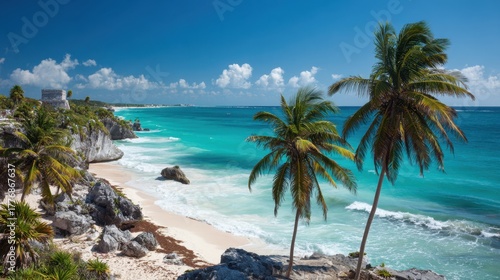 Waves roll onto a sandy beach as palm trees provide shade on a sunny day in Tulum.