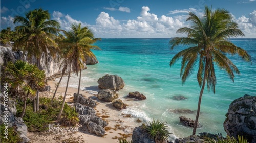 Brightly colored beach with palm trees swaying in the breeze sparkling turquoise waves crashing gently against rocks.