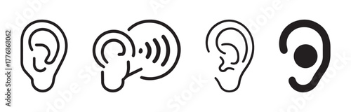 Ear outline vector icon set, hearing concept, clean black outline icon set on white background