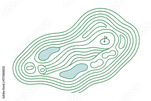 Golf course layout illustration showing aerial map view of hole design with flag, green, and water hazards