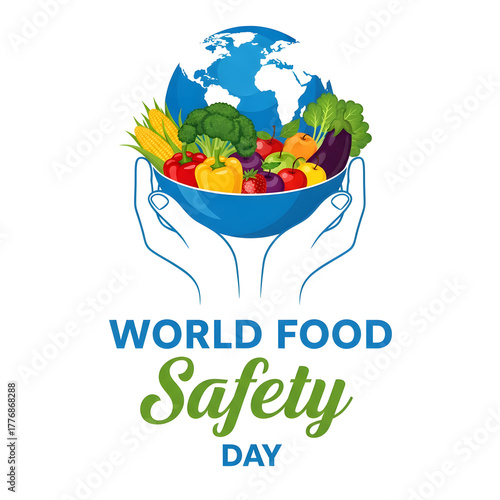 World Food Safety Day Globe and Fresh Produce Bowl Illustration isolated on white