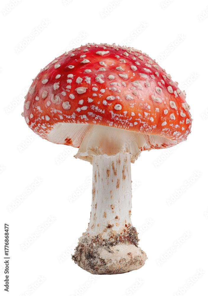 Obraz premium Close-up of a vibrant red and white mushroom. Spotted cap atop a pale stem
