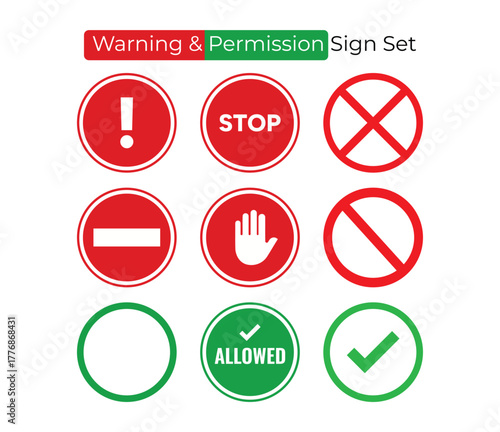 Warning and permission sign icon set with red stop, hand, no entry, and green allowed symbols. Perfect for safety, traffic, restriction, and UI design use.