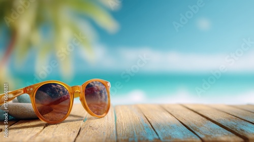 Bright sunglasses lie on a sunlit wooden table with the ocean waves in the background and palm trees swaying gently.