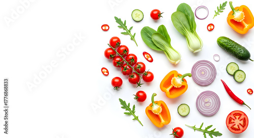 Wallpaper Mural Fresh Vegetable Arrangement with Copy Space Tomato, Pepper, Bok Choy, and Onion  isolated on white Torontodigital.ca