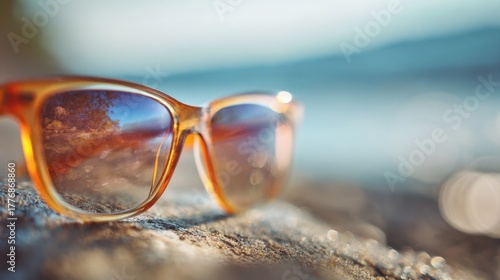 Wallpaper Mural Sunglasses lie on a sunlit rock near the water reflecting a vibrant beach scene and sparkling waves. Torontodigital.ca