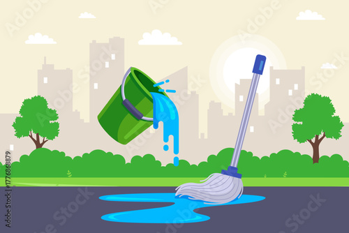 Wash the floor with a mop and water. Flat illustration.