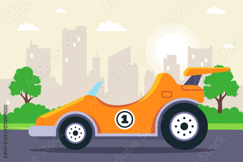 Orange racing car. Flat illustration.
