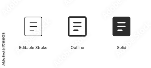 document or list icon set presented in three styles: thin editable stroke, bold outline, and solid filled versions. Great for notes, content, text, or file menus