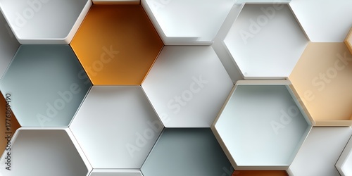 Geometric hexagonal wall design featuring a mix of white, gray, and orange panels, creating a modern and stylish interior aesthetic with unique visual appeal