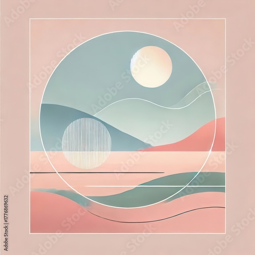 A soft geometric landscape features gentle hills and a large sun, creating a calming atmosphere with pastel colors. The lines form a harmonious scene of nature.
